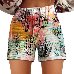 Women's Summer Denim Shorts Mid Waisted Stretchy Casual ArtRetro Printed Floral Workout Outfits Jean with Pockets