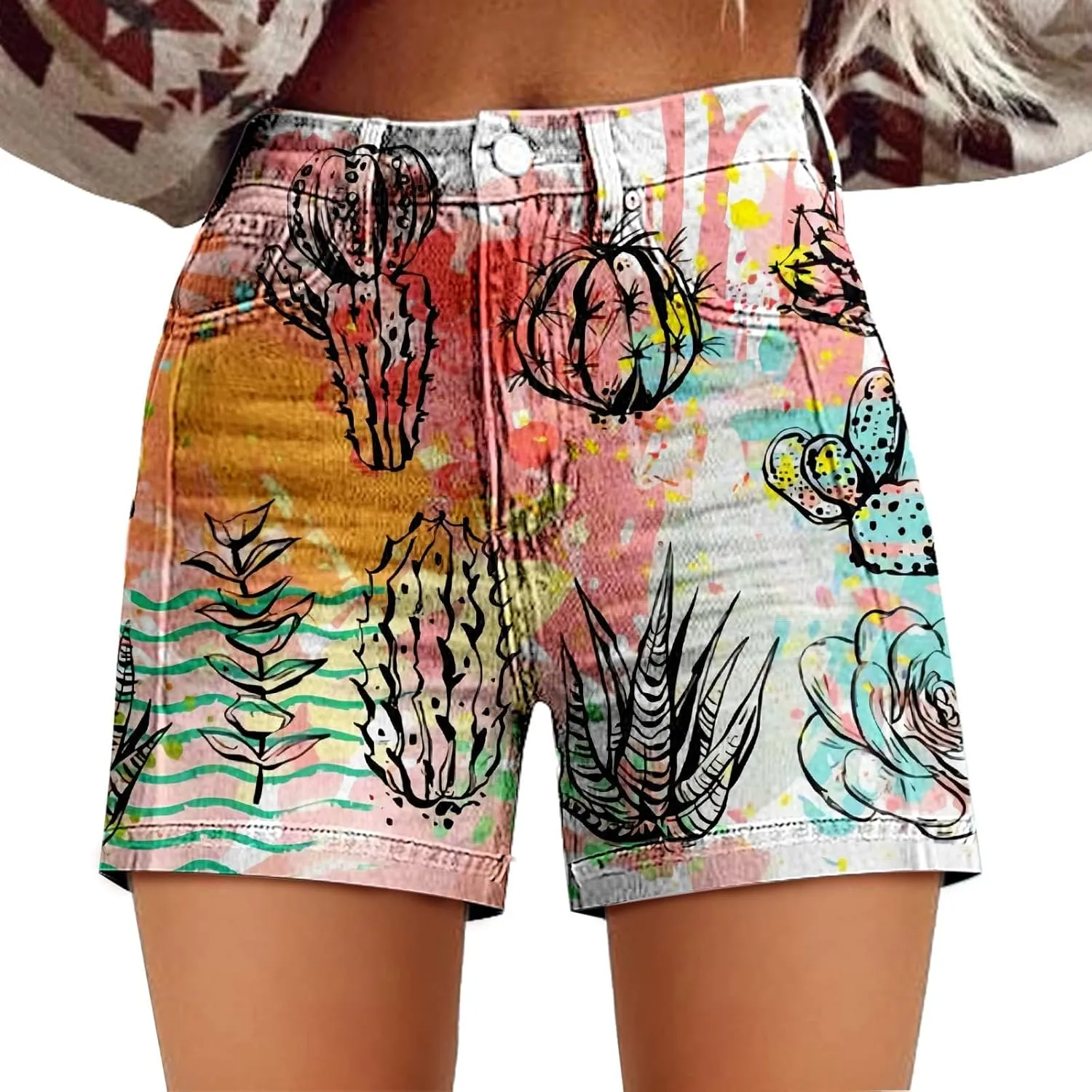 Women's Summer Denim Shorts Mid Waisted Stretchy Casual ArtRetro Printed Floral Workout Outfits Jean with Pockets