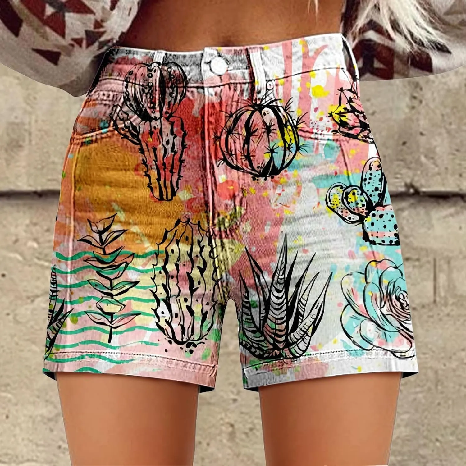 Women's Summer Denim Shorts Mid Waisted Stretchy Casual ArtRetro Printed Floral Workout Outfits Jean with Pockets