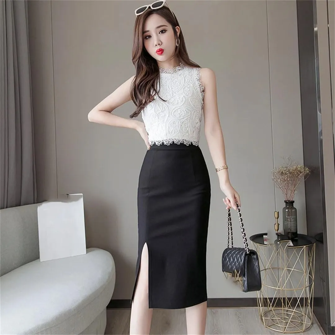 Women's Summer Mid Length Elegant Style Solid Split Mid Length Knee Length Skirts