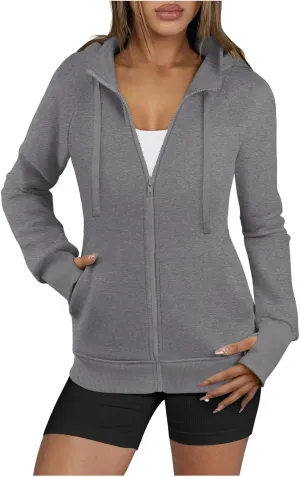Womens Sweatshirt Full Zip Hoodies Fleece Pullover Fashion Fall Outfits Clothes Thumb Hole Long Sleeve Casual Jackets