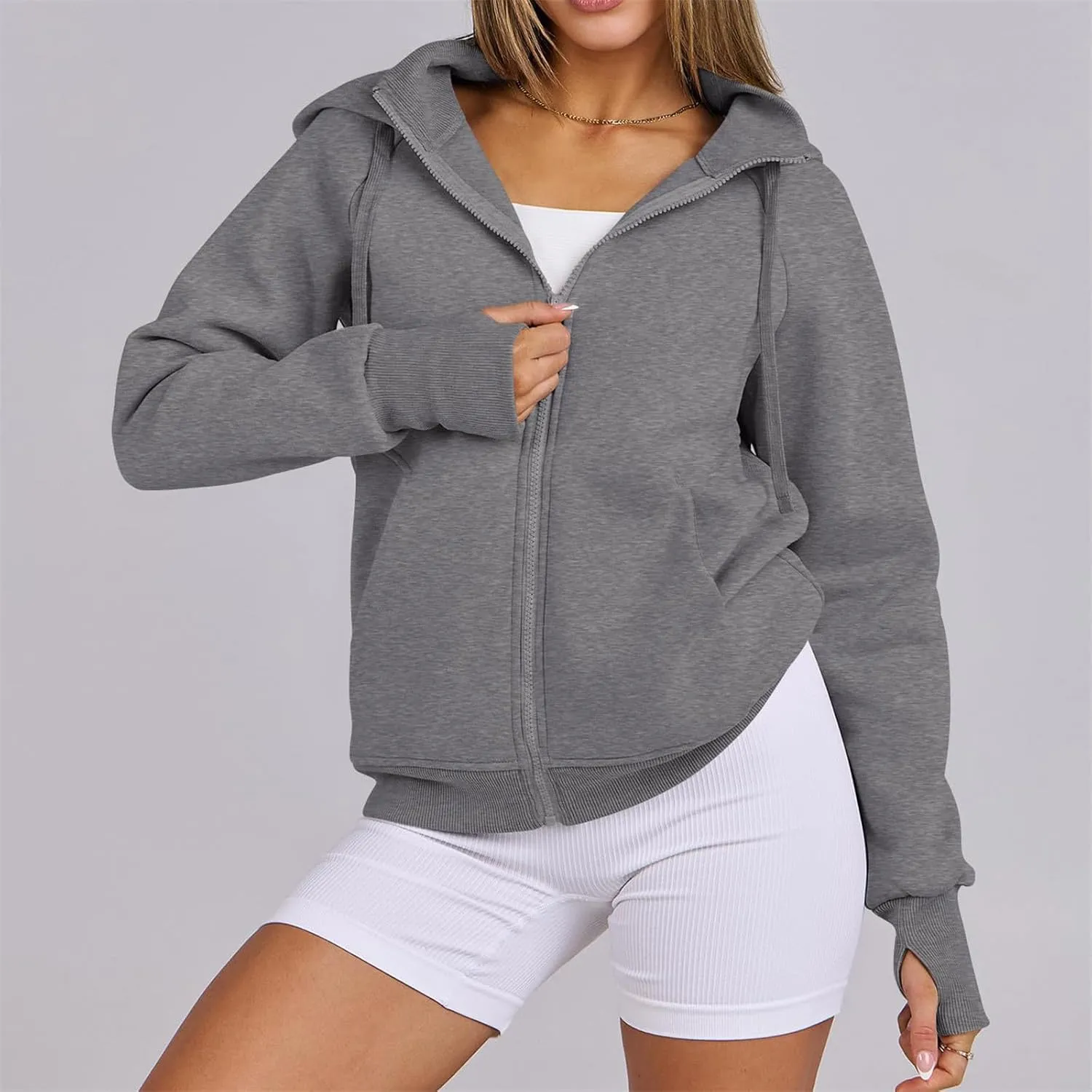 Womens Sweatshirt Full Zip Hoodies Fleece Pullover Fashion Fall Outfits Clothes Thumb Hole Long Sleeve Casual Jackets