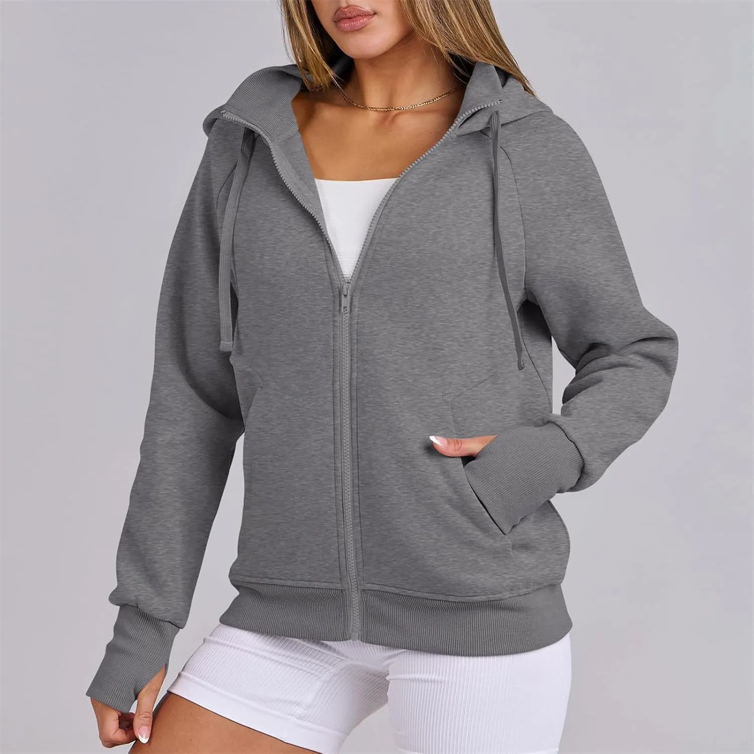 Womens Sweatshirt Full Zip Hoodies Fleece Pullover Fashion Fall Outfits Clothes Thumb Hole Long Sleeve Casual Jackets