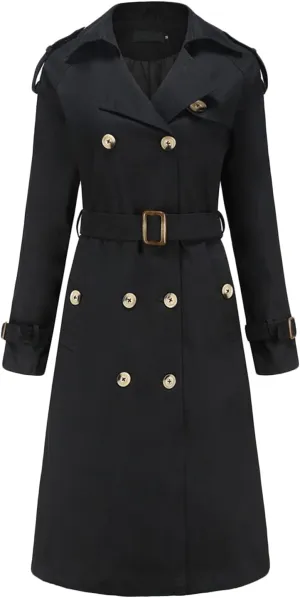 Women's Trench Coat Double-Breasted Fashion Classic Lapel Overcoat Belted Overcoat Slim Long Wool Blend Outerwear