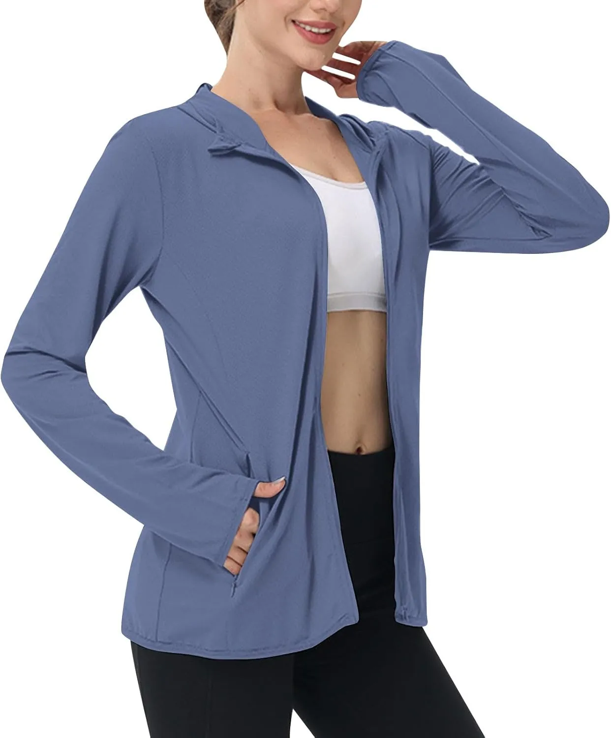 Womens UPF 50  Sun Protection Hoodie Sun Shirt Lightweight Long Sleeve Jacket UV Rash Guard Zip Front Outdoor Top