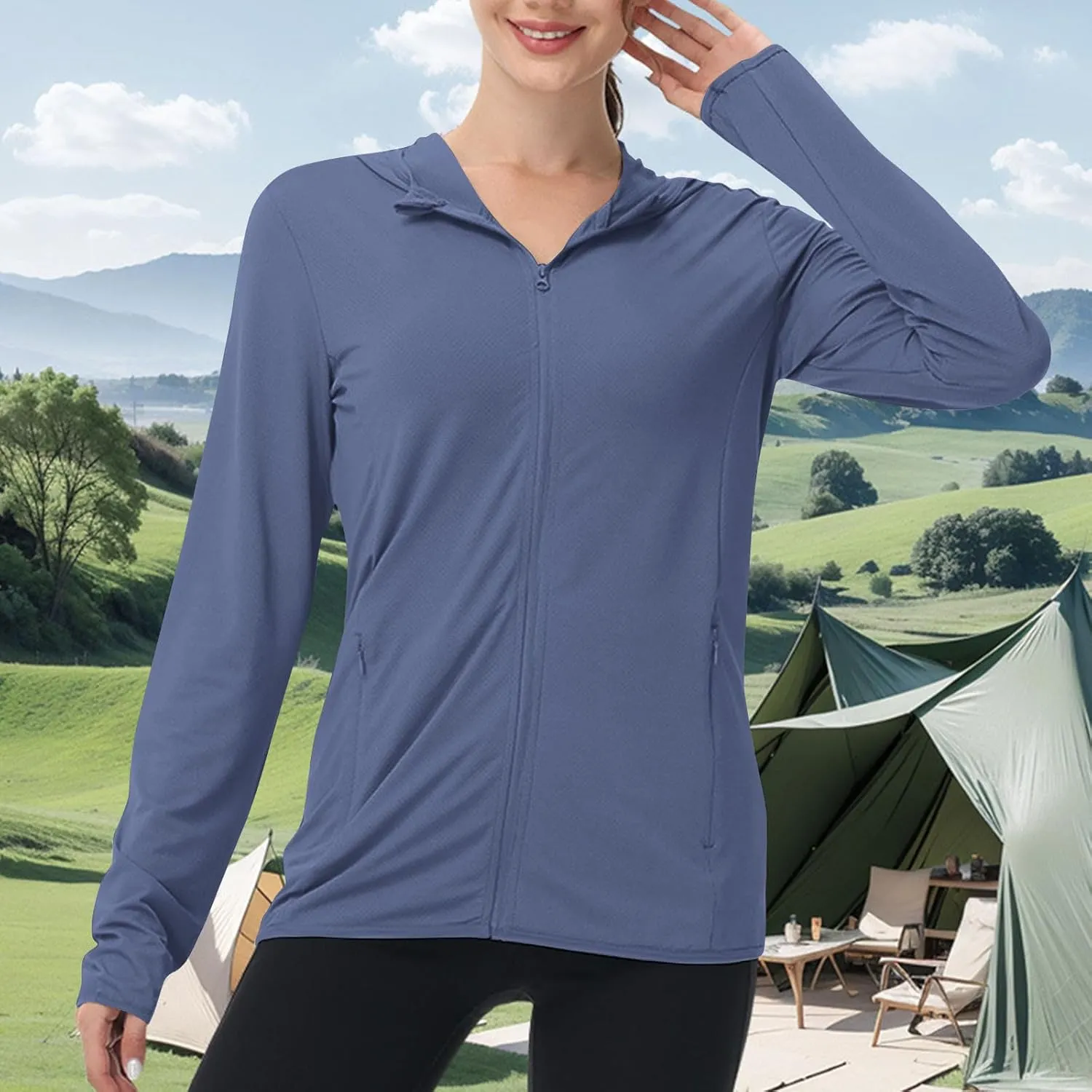 Womens UPF 50  Sun Protection Hoodie Sun Shirt Lightweight Long Sleeve Jacket UV Rash Guard Zip Front Outdoor Top