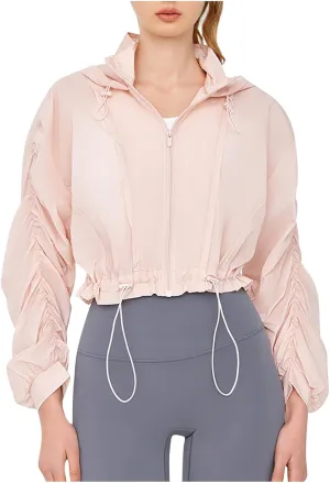 Women's UV Sun Protection Long Sleeve Jackets Drawstring Cinch Hem Trendy Summer Beach Shirts with Hood