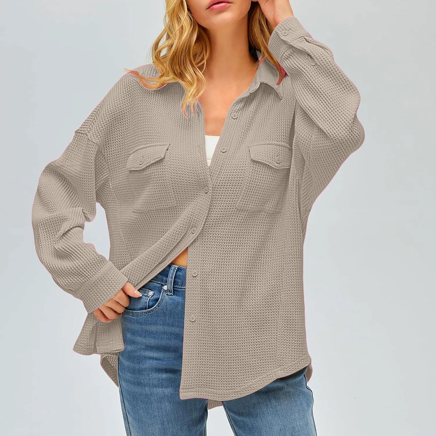 Womens Waffle Knit Shacket Jacket Casual Boyfriend Button Down Shirts Dressy Blouses Oversized Long Sleeve Tunic Tops