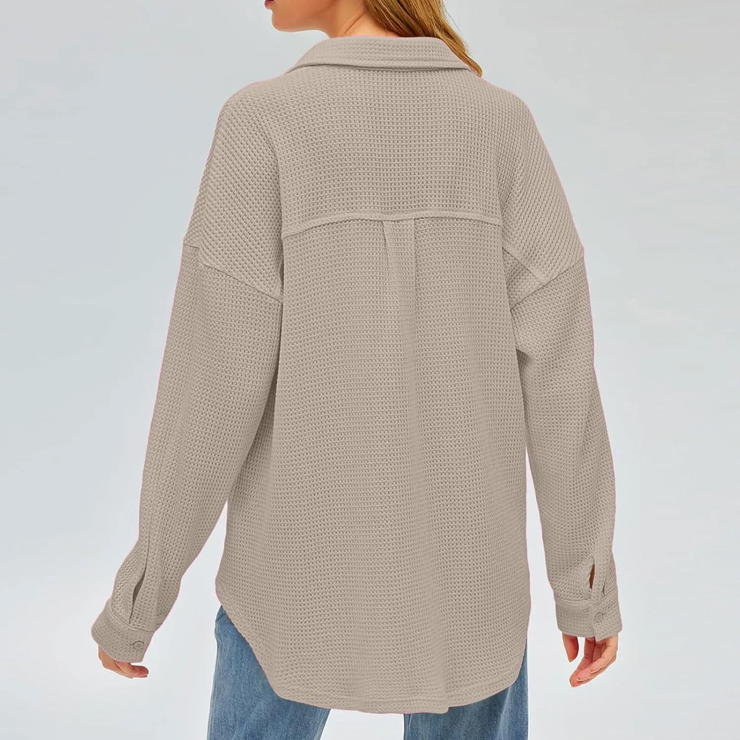 Womens Waffle Knit Shacket Jacket Casual Boyfriend Button Down Shirts Dressy Blouses Oversized Long Sleeve Tunic Tops