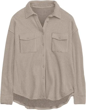 Womens Waffle Knit Shacket Jacket Casual Boyfriend Button Down Shirts Dressy Blouses Oversized Long Sleeve Tunic Tops
