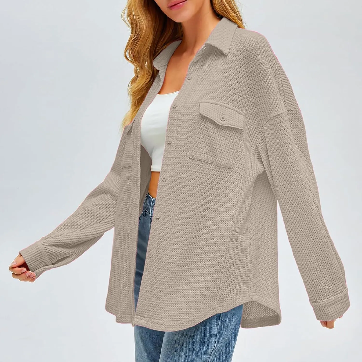 Womens Waffle Knit Shacket Jacket Casual Boyfriend Button Down Shirts Dressy Blouses Oversized Long Sleeve Tunic Tops