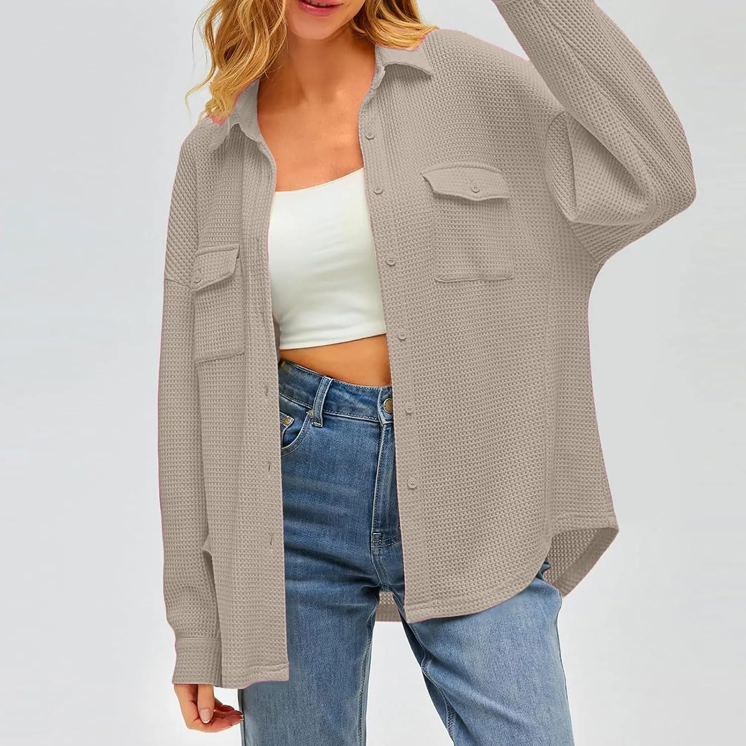 Womens Waffle Knit Shacket Jacket Casual Boyfriend Button Down Shirts Dressy Blouses Oversized Long Sleeve Tunic Tops