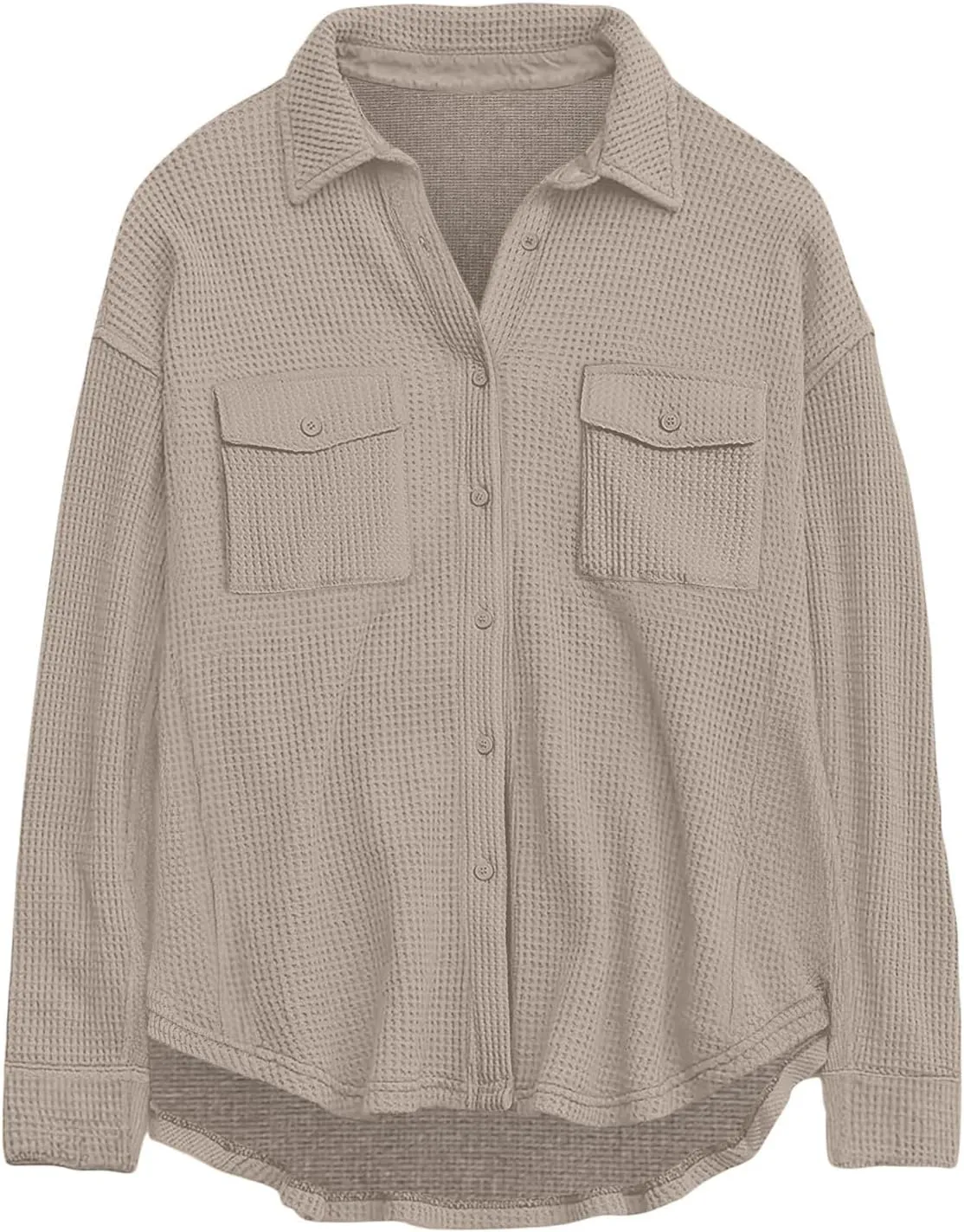 Womens Waffle Knit Shacket Jacket Casual Boyfriend Button Down Shirts Dressy Blouses Oversized Long Sleeve Tunic Tops