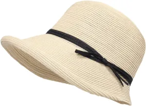 Womens Wide Brim Sun Hat,Elegant Structured Curved Fedora Floppy Beach Straw Hat, UPF50 