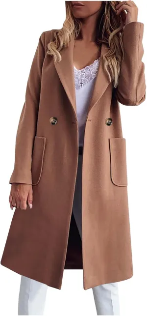 Women's Winter Oversized Pea Coat Double Breasted Mid-Length Overcoat Notched Collar Wool Blend Cardigan Jackets