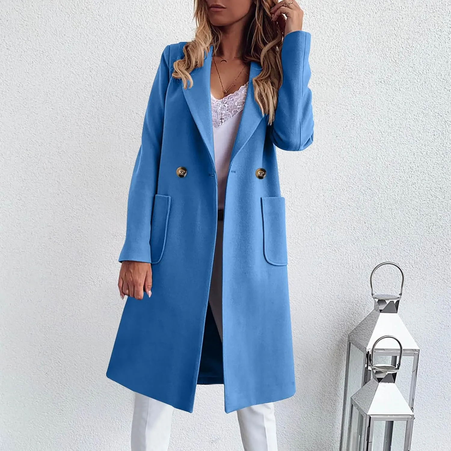 Women's Winter Oversized Pea Coat Double Breasted Mid-Length Overcoat Notched Collar Wool Blend Cardigan Jackets