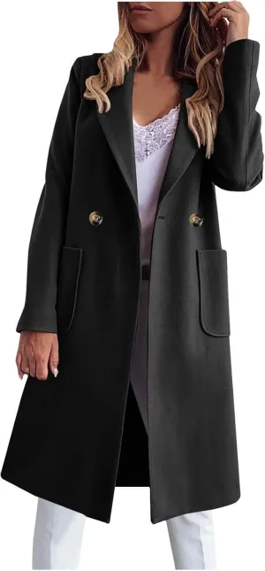 Women's Winter Oversized Pea Coat Double Breasted Mid-Length Overcoat Notched Collar Wool Blend Cardigan Jackets
