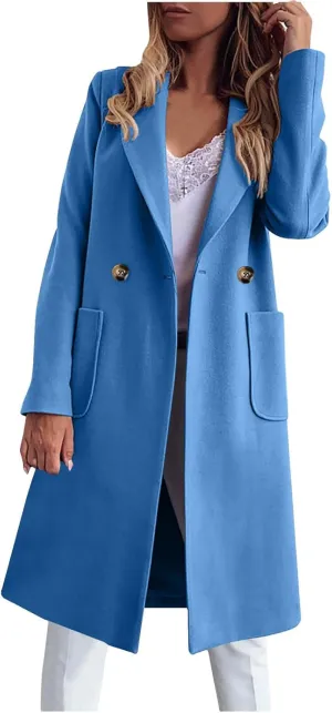 Women's Winter Oversized Pea Coat Double Breasted Mid-Length Overcoat Notched Collar Wool Blend Cardigan Jackets