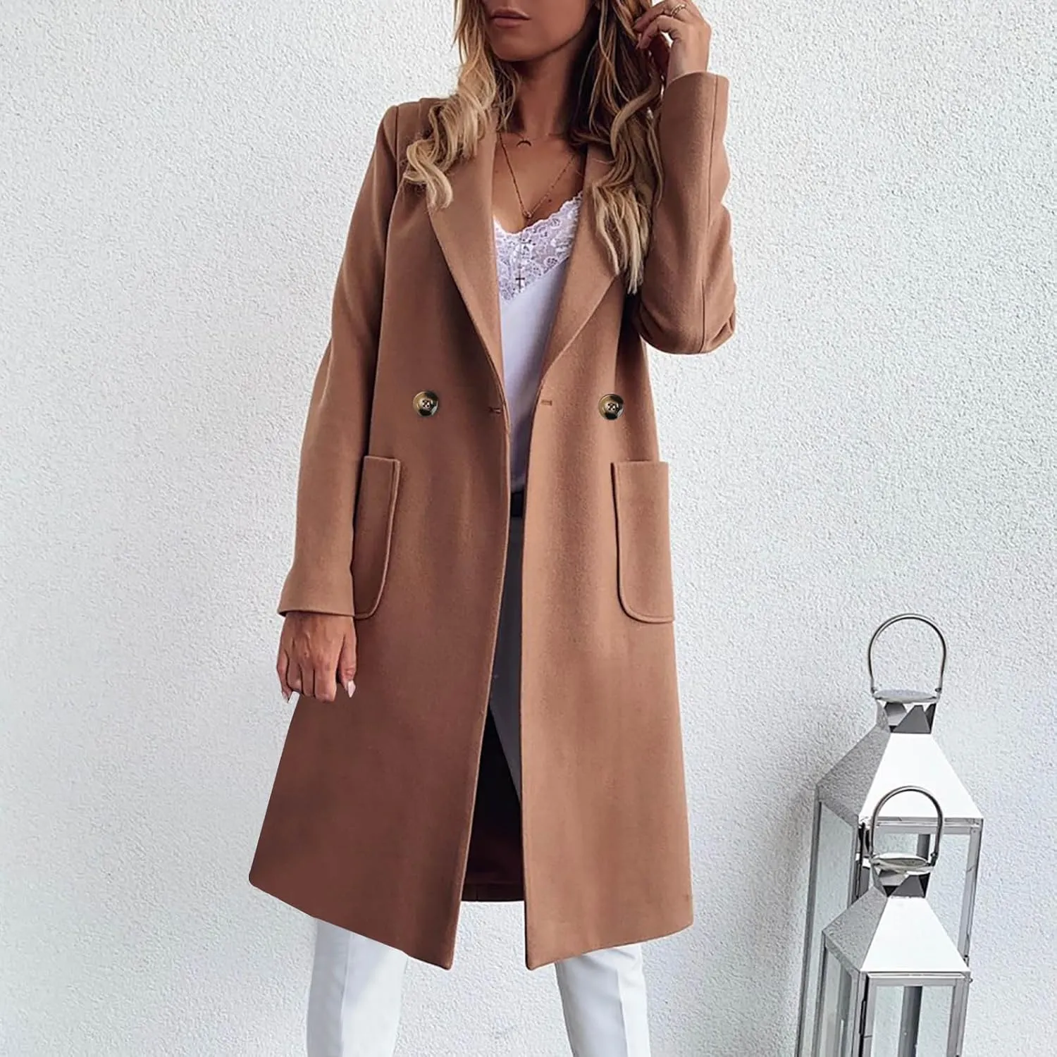 Women's Winter Oversized Pea Coat Double Breasted Mid-Length Overcoat Notched Collar Wool Blend Cardigan Jackets