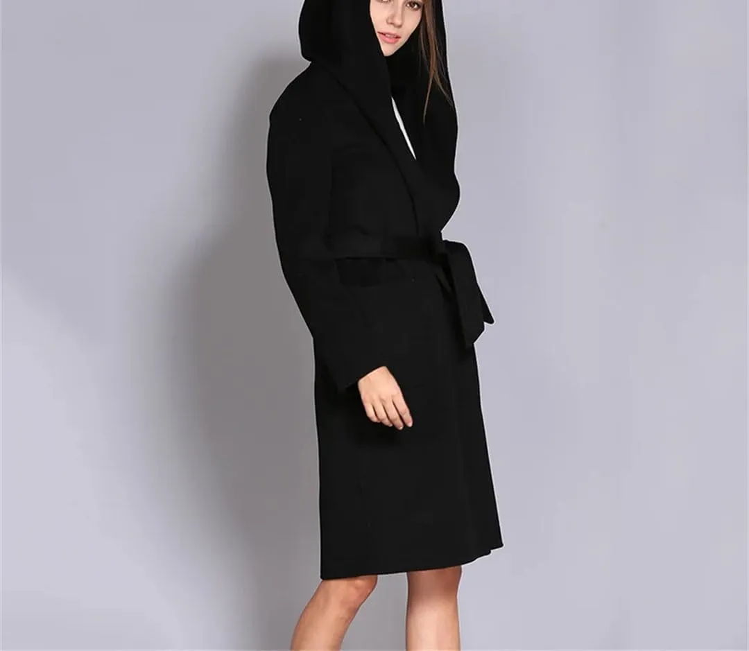 Women's Winter Wool Blend Coat Buttoned Hooded Casual Business Mid-Length Warm Versatile Coat Jacket