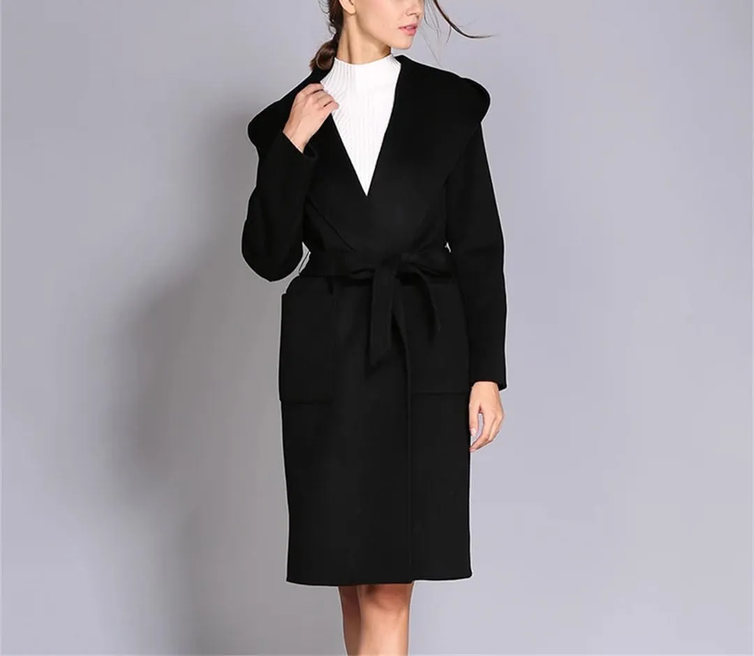 Women's Winter Wool Blend Coat Buttoned Hooded Casual Business Mid-Length Warm Versatile Coat Jacket