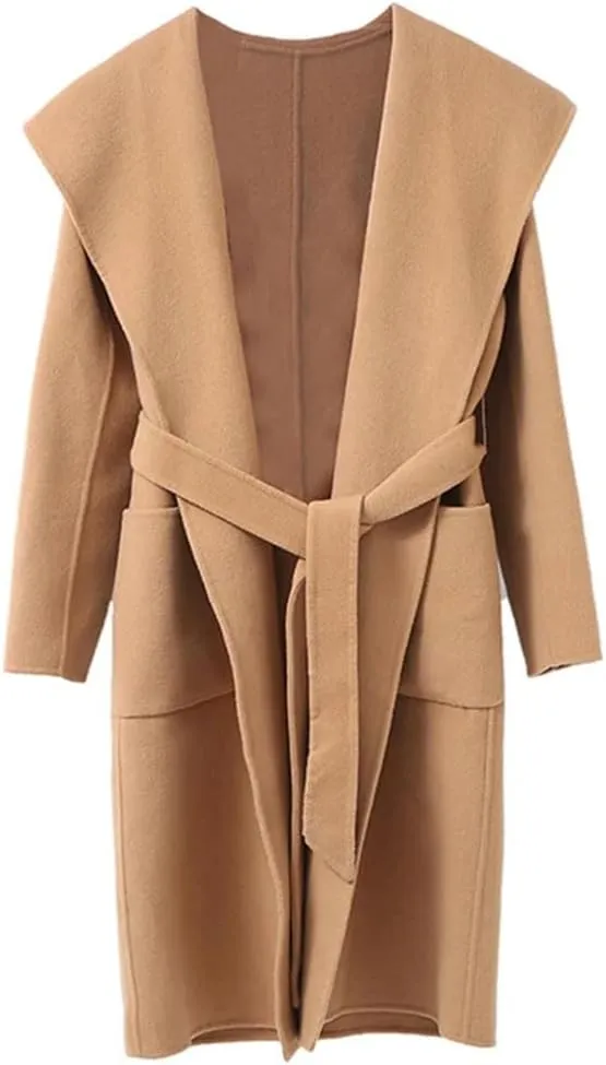 Women's Winter Wool Blend Coat Buttoned Hooded Casual Business Mid-Length Warm Versatile Coat Jacket