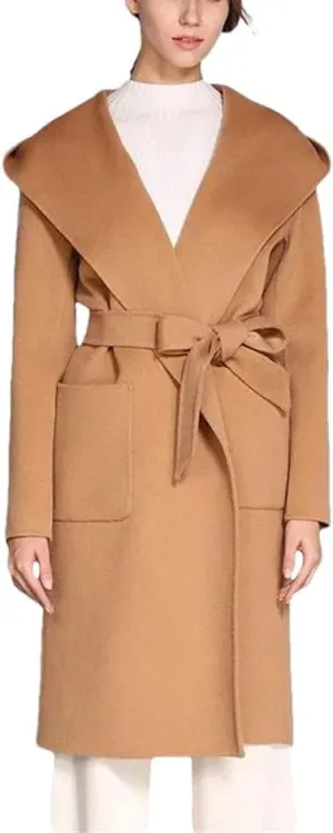 Women's Winter Wool Blend Coat Buttoned Hooded Casual Business Mid-Length Warm Versatile Coat Jacket