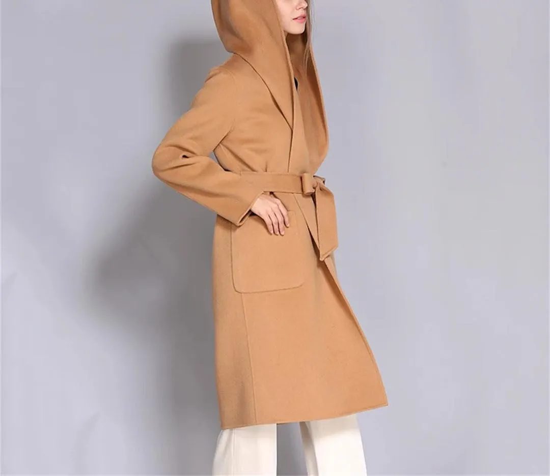 Women's Winter Wool Blend Coat Buttoned Hooded Casual Business Mid-Length Warm Versatile Coat Jacket