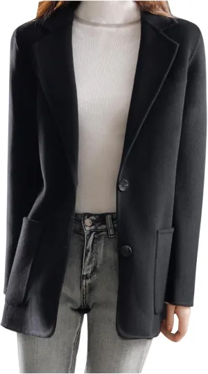 Women's Wool Blend Blazer Notch Lapel Two Button Suit Jacket Classic Fall Winter Trendy Dress Coats Outwear