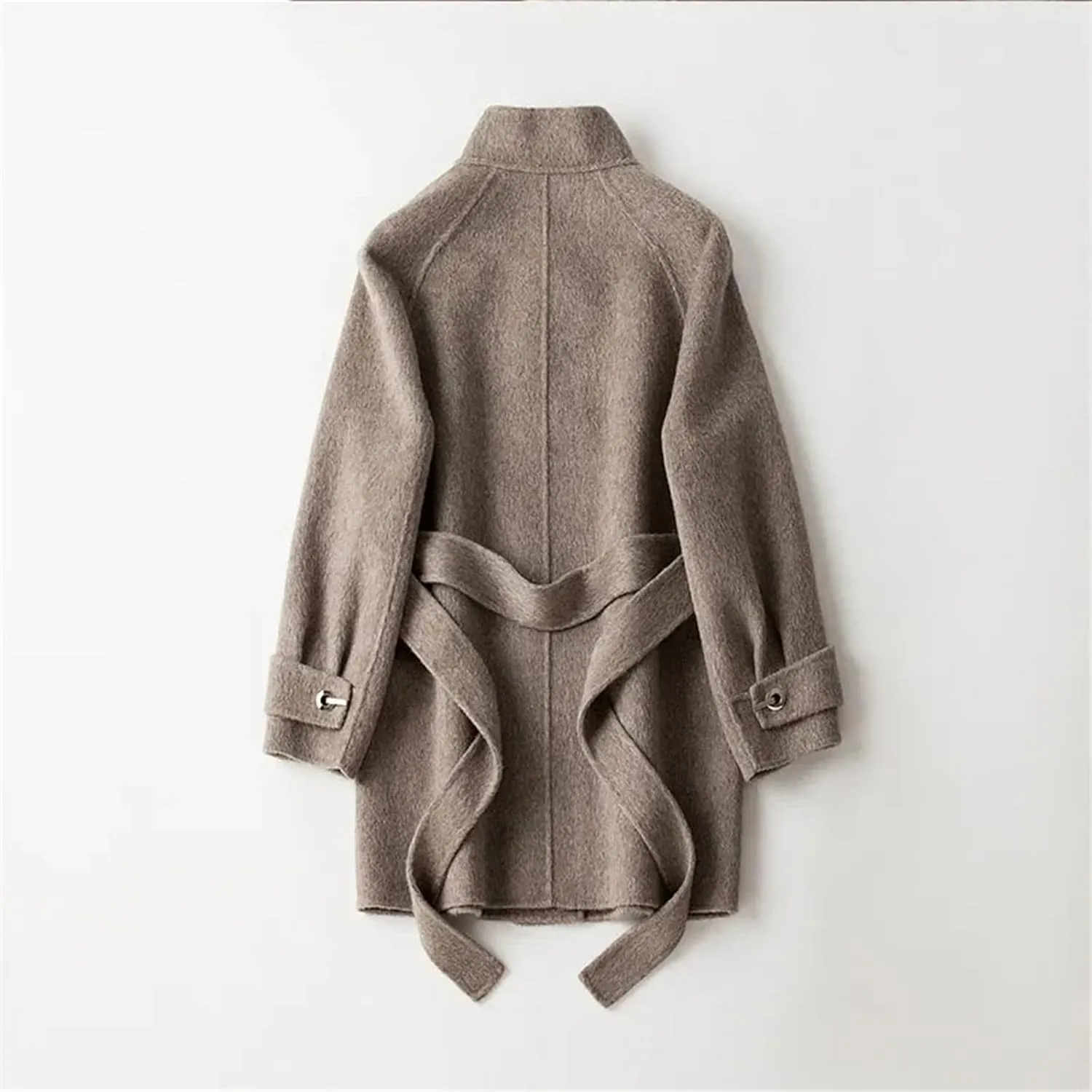 Womens Wool Blend Mid-Length Pea Coat Jacket Stand Collar Belt With Pockets Mid-Length Coat
