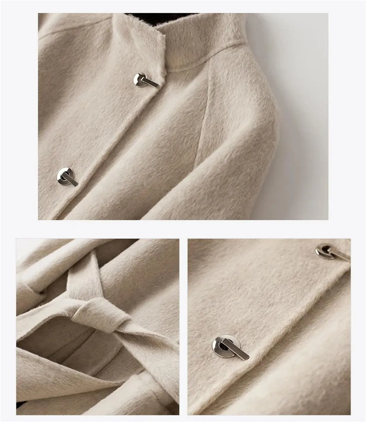 Womens Wool Blend Mid-Length Pea Coat Jacket Stand Collar Belt With Pockets Mid-Length Coat