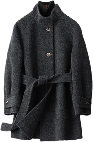 Womens Wool Blend Mid-Length Pea Coat Jacket Stand Collar Belt With Pockets Mid-Length Coat