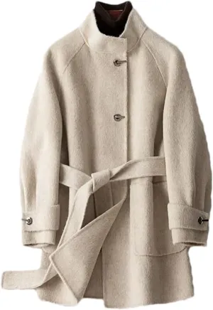 Womens Wool Blend Mid-Length Pea Coat Jacket Stand Collar Belt With Pockets Mid-Length Coat