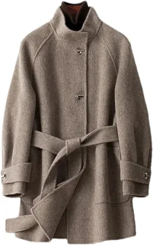 Womens Wool Blend Mid-Length Pea Coat Jacket Stand Collar Belt With Pockets Mid-Length Coat