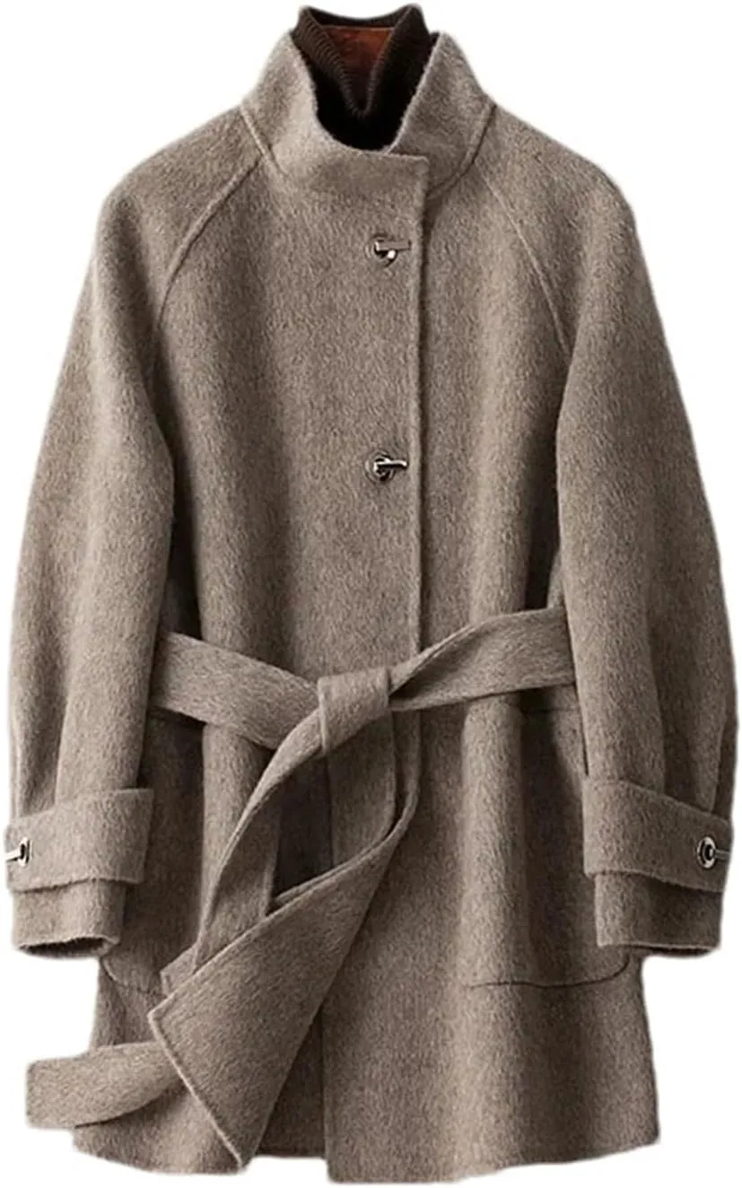 Womens Wool Blend Mid-Length Pea Coat Jacket Stand Collar Belt With Pockets Mid-Length Coat