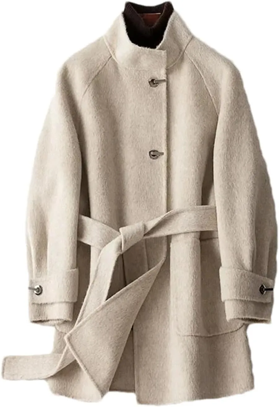 Womens Wool Blend Mid-Length Pea Coat Jacket Stand Collar Belt With Pockets Mid-Length Coat