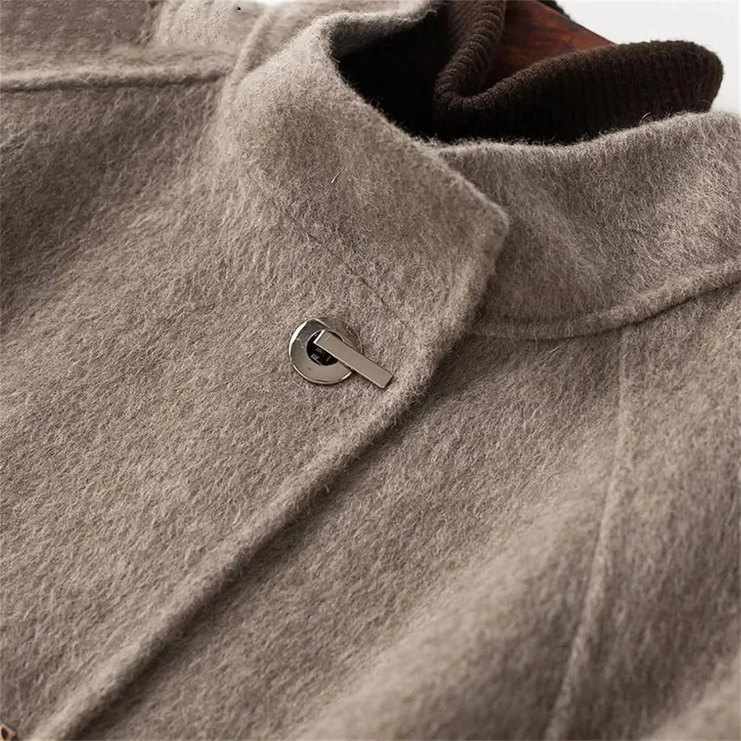 Womens Wool Blend Mid-Length Pea Coat Jacket Stand Collar Belt With Pockets Mid-Length Coat