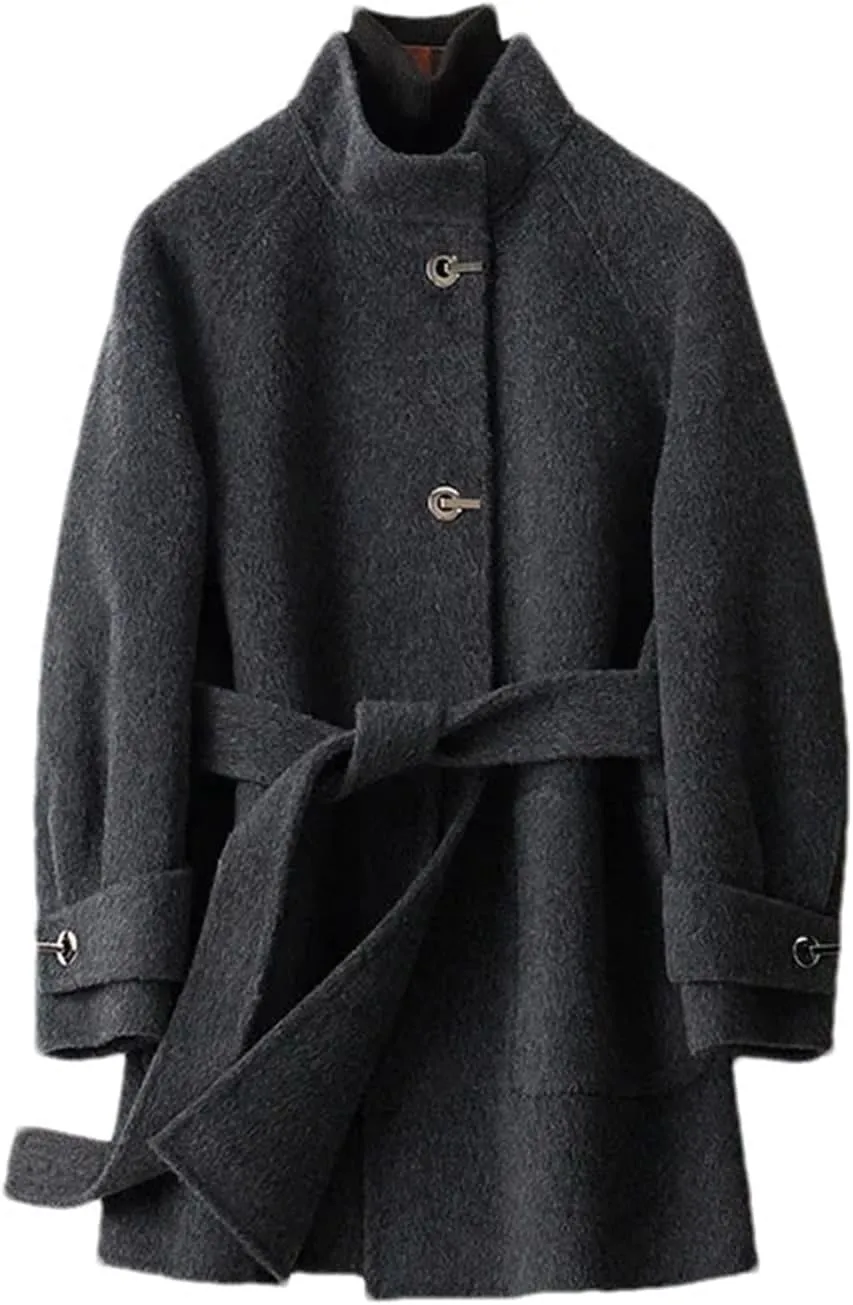 Womens Wool Blend Mid-Length Pea Coat Jacket Stand Collar Belt With Pockets Mid-Length Coat
