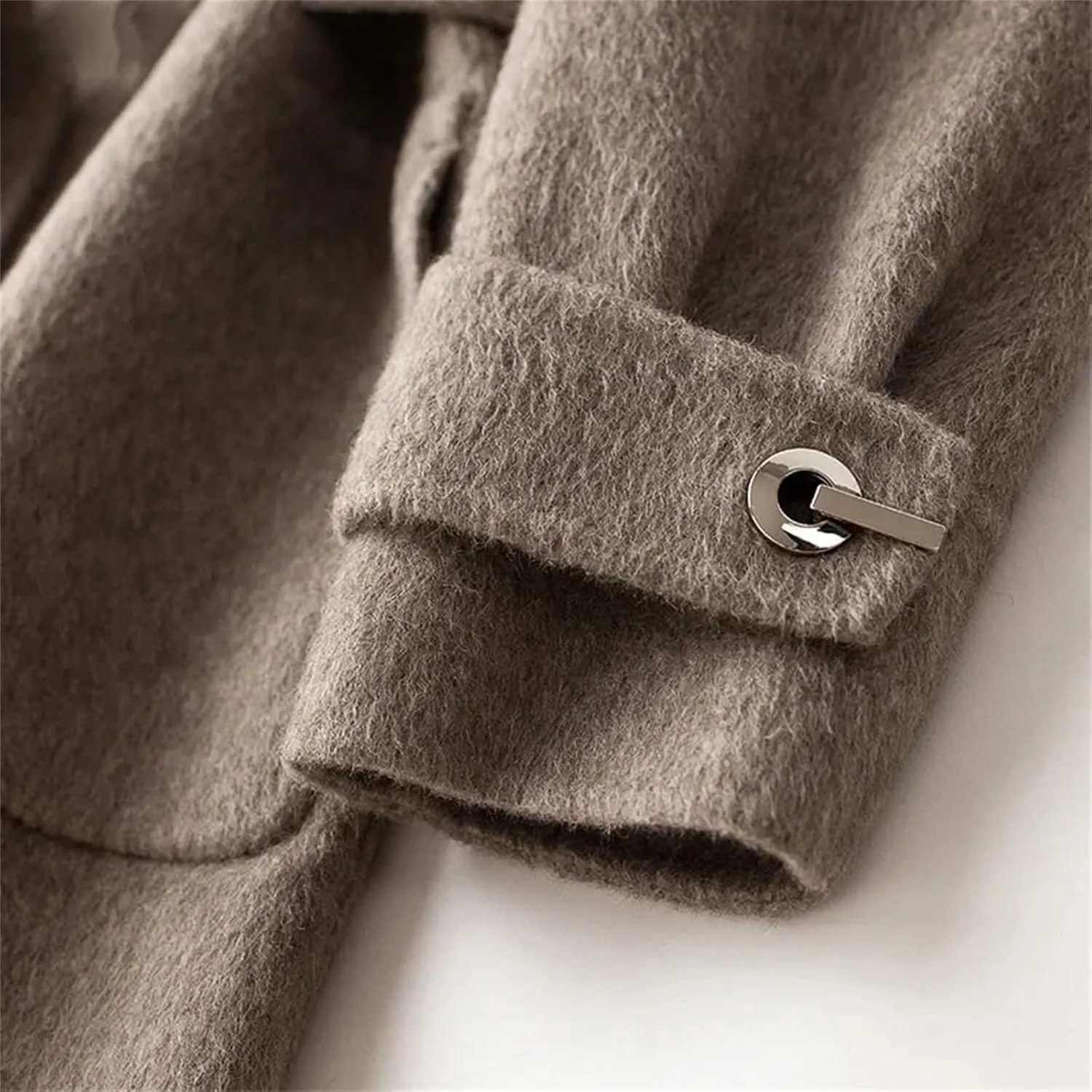 Womens Wool Blend Mid-Length Pea Coat Jacket Stand Collar Belt With Pockets Mid-Length Coat