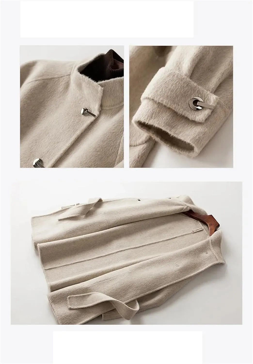 Womens Wool Blend Mid-Length Pea Coat Jacket Stand Collar Belt With Pockets Mid-Length Coat