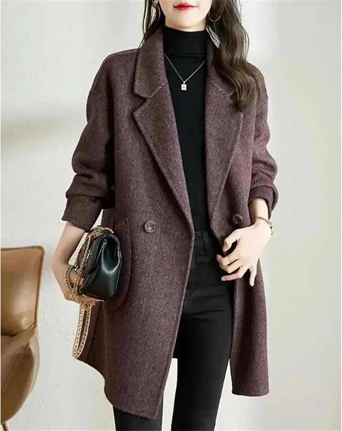 Women's Woolen Jacket - Elegant Single Breasted Coat Loose Casual Wool Blend Fashion Mid Length Overcoat