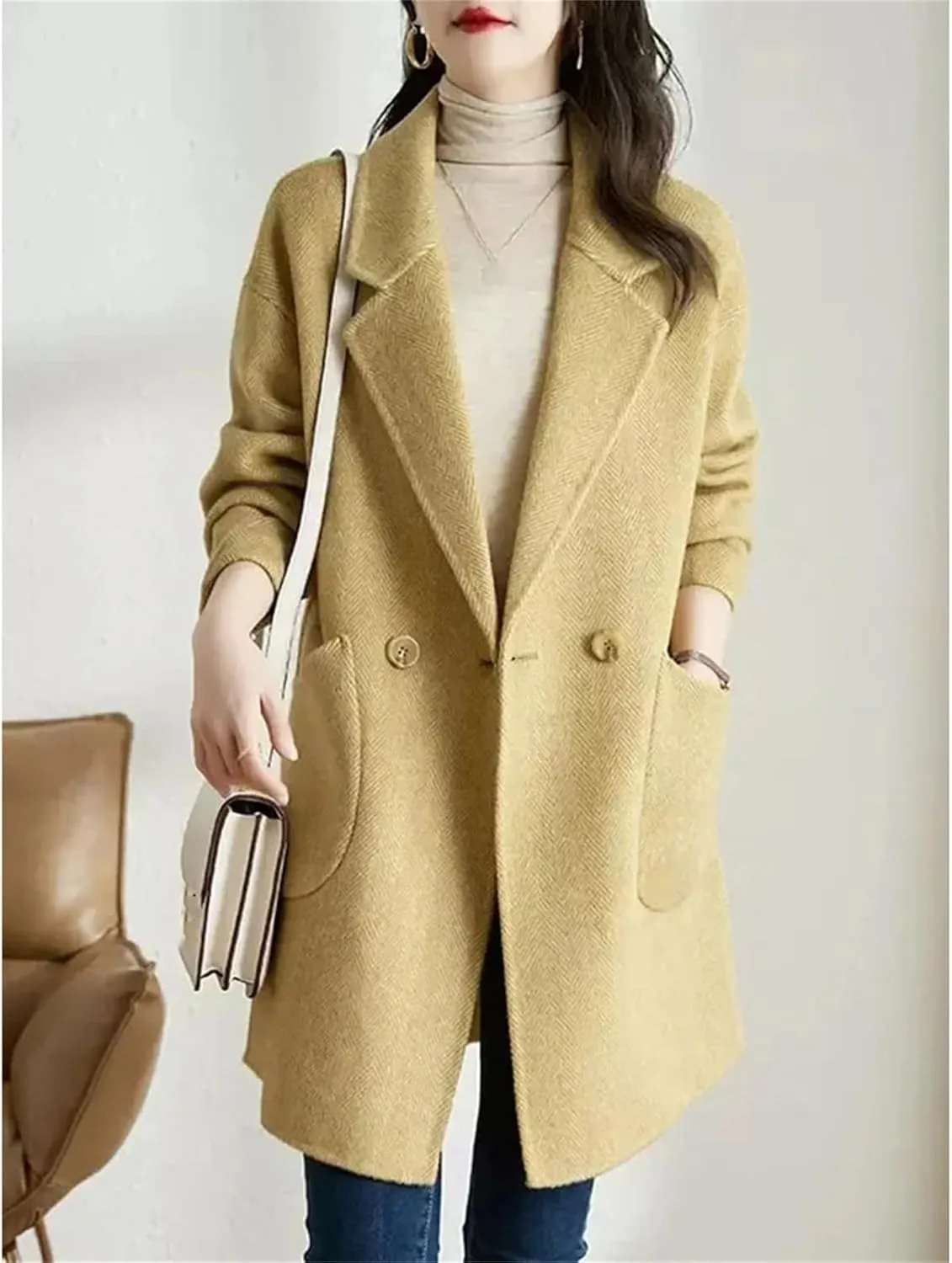 Women's Woolen Jacket - Elegant Single Breasted Coat Loose Casual Wool Blend Fashion Mid Length Overcoat