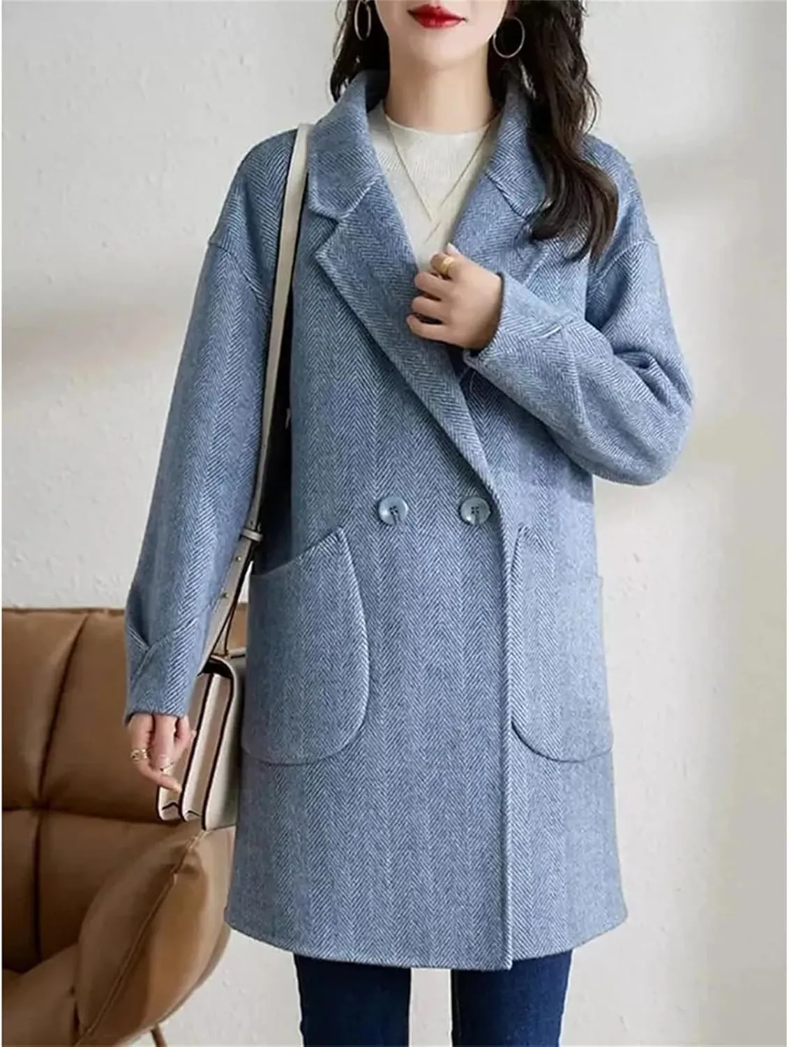 Women's Woolen Jacket - Elegant Single Breasted Coat Loose Casual Wool Blend Fashion Mid Length Overcoat