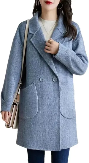 Women's Woolen Jacket - Elegant Single Breasted Coat Loose Casual Wool Blend Fashion Mid Length Overcoat
