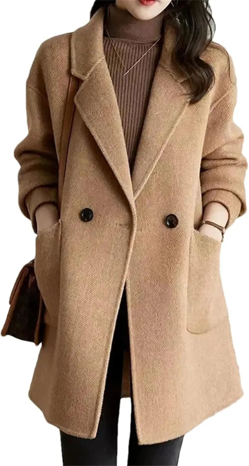 Women's Woolen Jacket - Elegant Single Breasted Coat Loose Casual Wool Blend Fashion Mid Length Overcoat