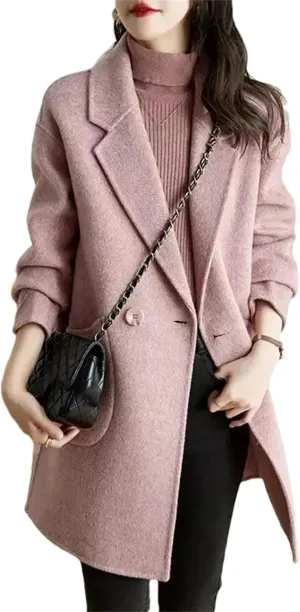 Women's Woolen Jacket - Elegant Single Breasted Coat Loose Casual Wool Blend Fashion Mid Length Overcoat