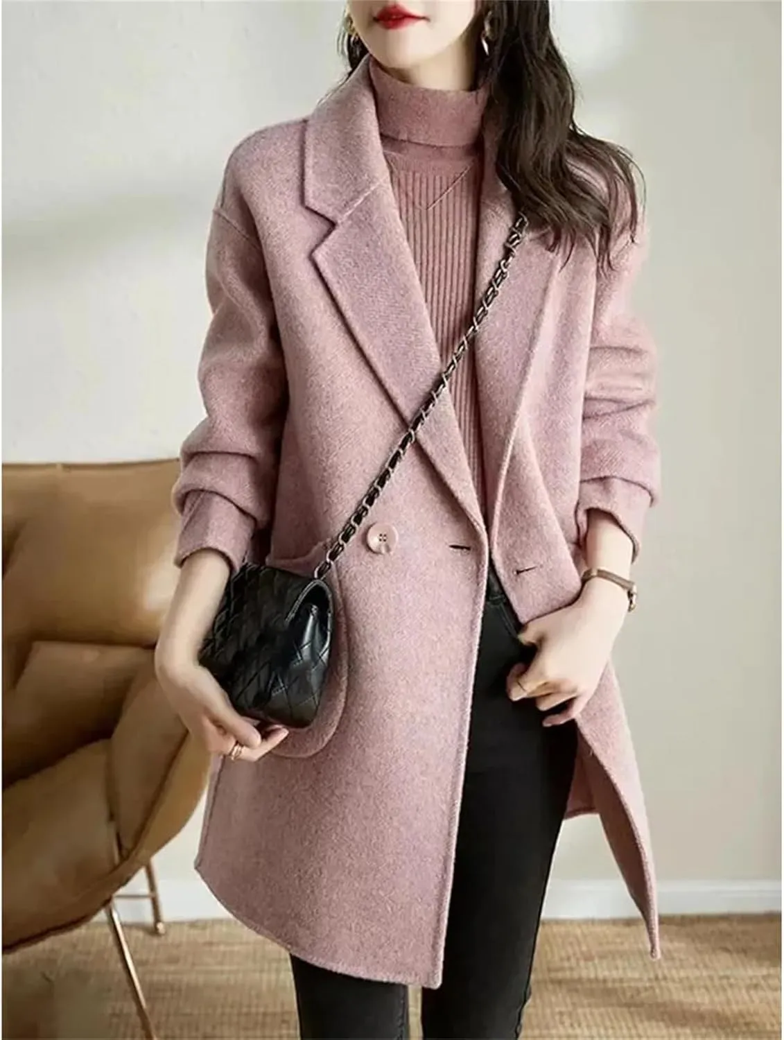 Women's Woolen Jacket - Elegant Single Breasted Coat Loose Casual Wool Blend Fashion Mid Length Overcoat