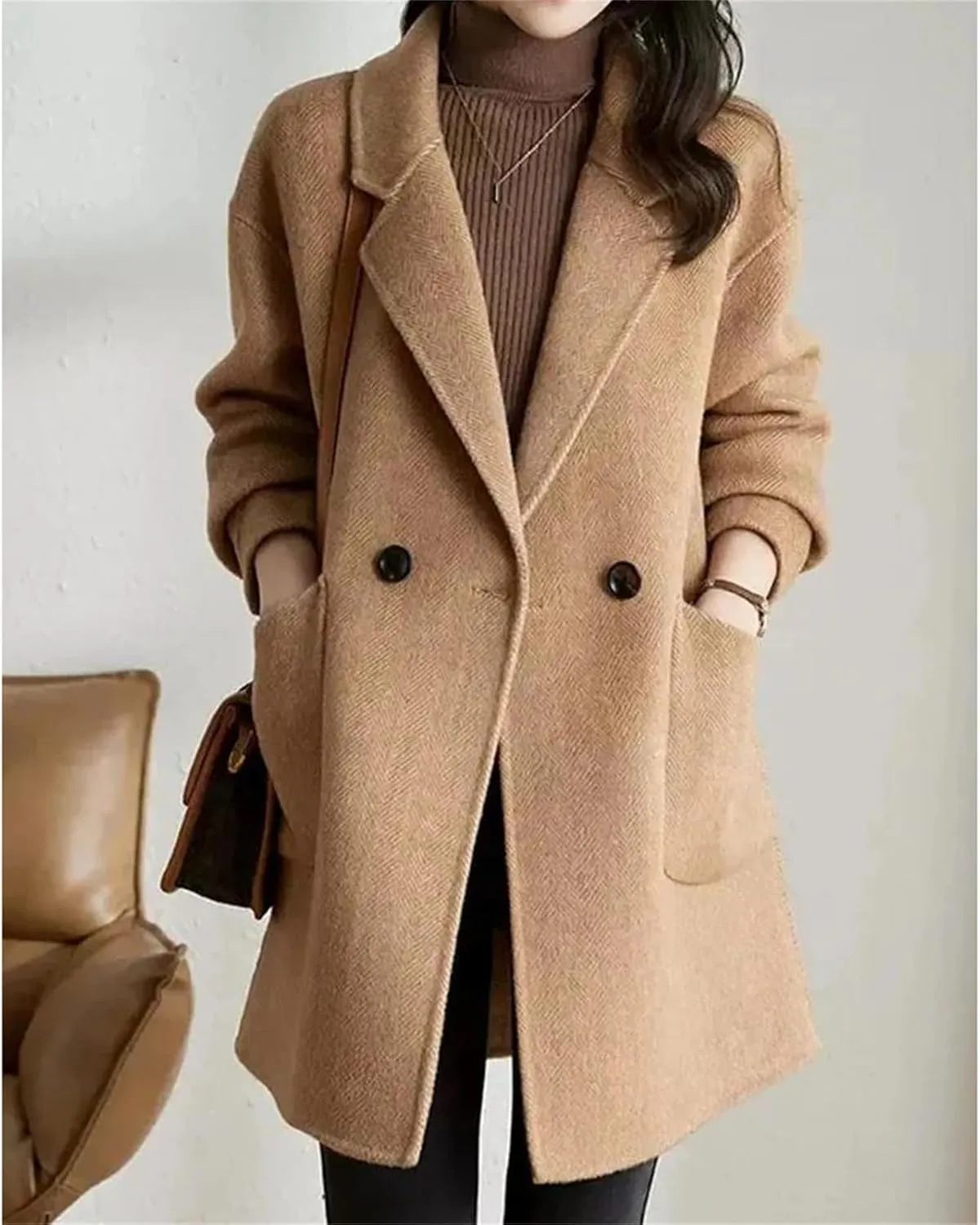 Women's Woolen Jacket - Elegant Single Breasted Coat Loose Casual Wool Blend Fashion Mid Length Overcoat
