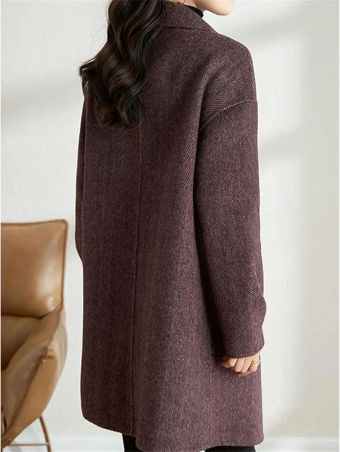Women's Woolen Jacket - Elegant Single Breasted Coat Loose Casual Wool Blend Fashion Mid Length Overcoat