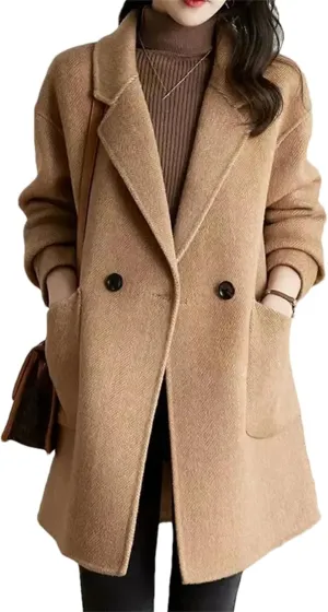 Women's Woolen Jacket - Elegant Single Breasted Coat Loose Casual Wool Blend Fashion Mid Length Overcoat